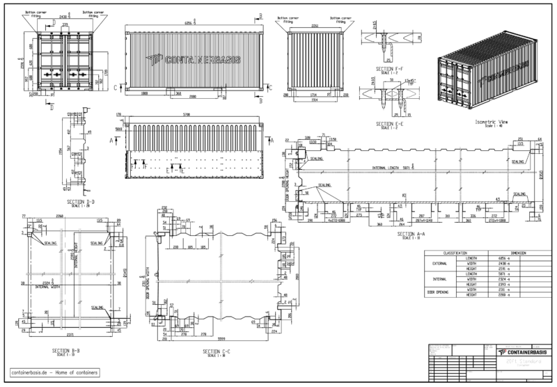Ausschnitt aus der technischen Zeichnung eines 20 Fuß Containers mit Maßketten und Schnitten