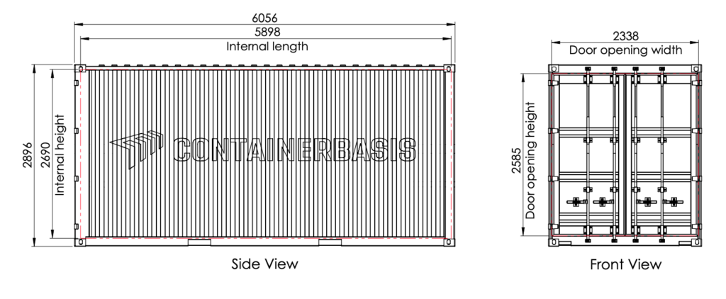 Technische Zeichnung eines 20-Fuß-Containers