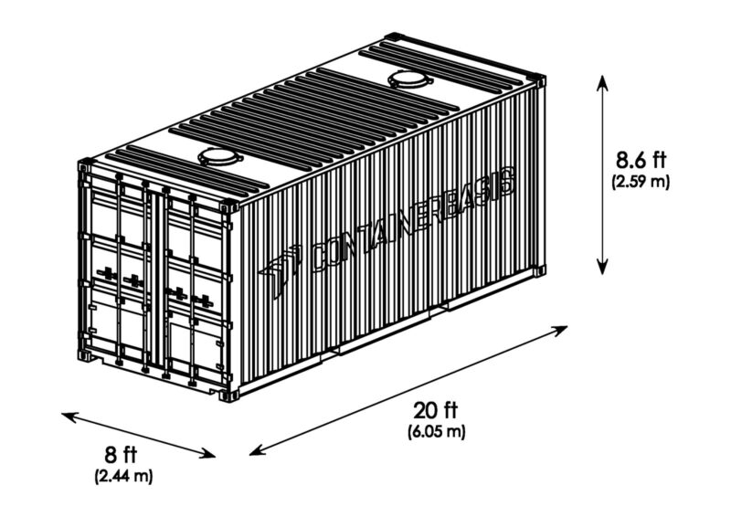 Isometrische Zeichnung 20 Fuß Bulk Container mit Außenmaßen