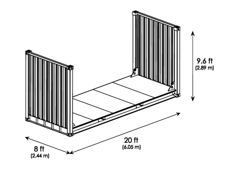 Isometrische Zeichnung 20 Fuß High Cube Flatrack Container mit Außenmaßen