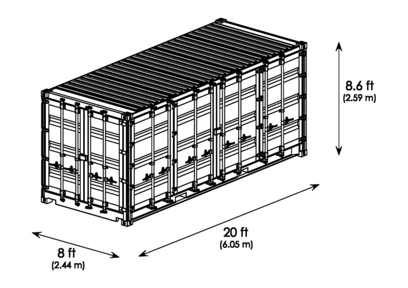 Isometrische Zeichnung 20 Fuß Open Side Container mit Außenmaßen