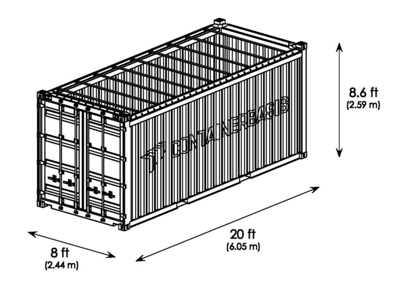 Isometrische Zeichnung 20 Fuß Open Top Container mit Außenmaßen