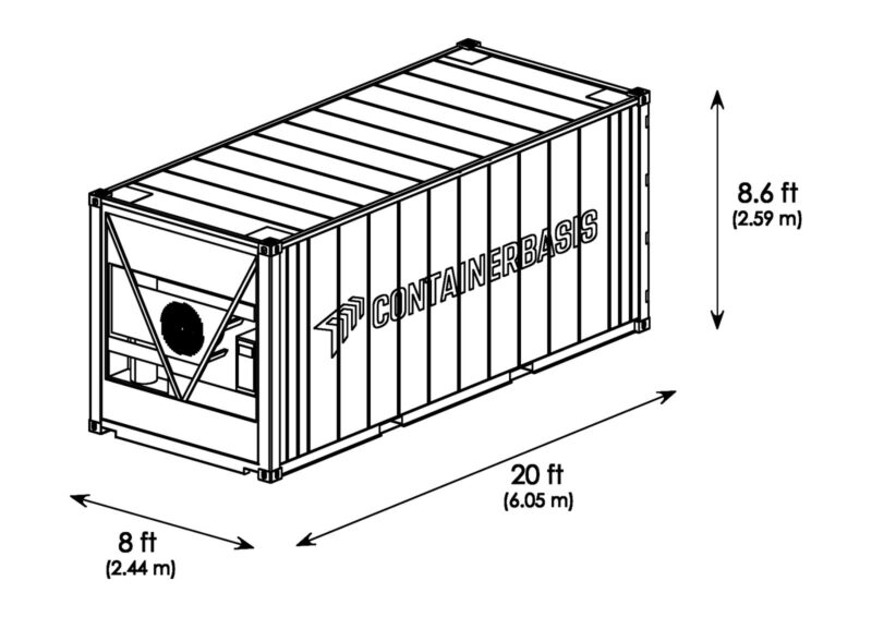 Isometrische Zeichnung 20 Fuß Kühlcontainer (Reefer) mit Außenmaßen