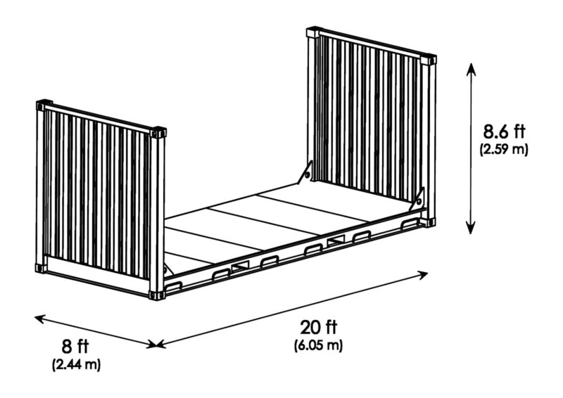 Isometrische Zeichnung 20 Fuß Flatrack Container mit Außenmaßen