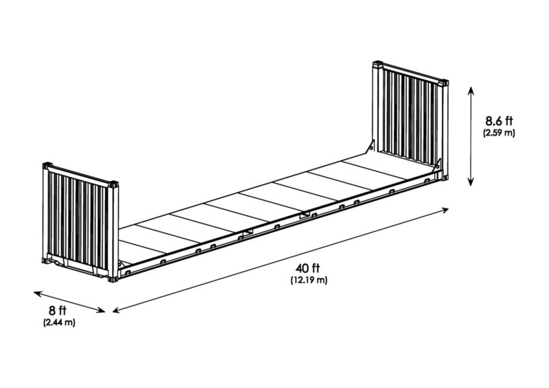 Isometrische Zeichnung 40 Fuß Flatrack Container mit Außenmaßen