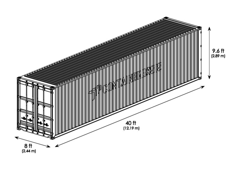 Isometrische Zeichnung 40 Fuß High Cube Double Door Container mit Außenmaßen