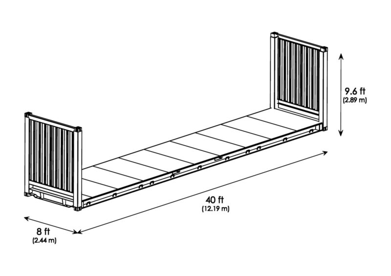 Isometrische Zeichnung 40 Fuß High Cube Flatrack Container mit Außenmaßen