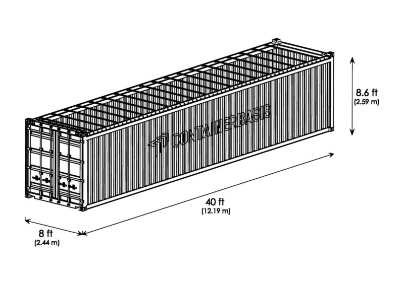 Isometrische Zeichnung 40 Fuß Open Top Container mit Außenmaßen