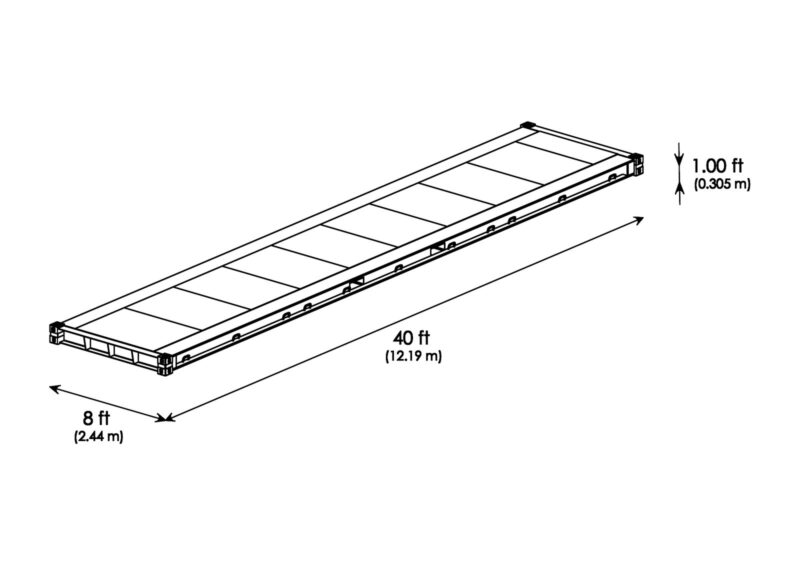 Isometrische Zeichnung 40 Fuß Platform Container mit Außenmaßen
