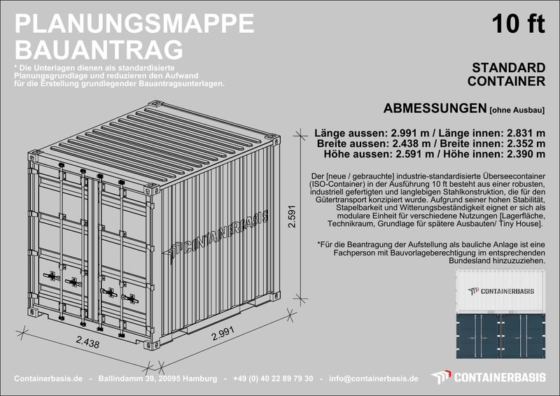 Deckblatt der Planungsmappe Bauantrag für den 10 Fuß Standard Container