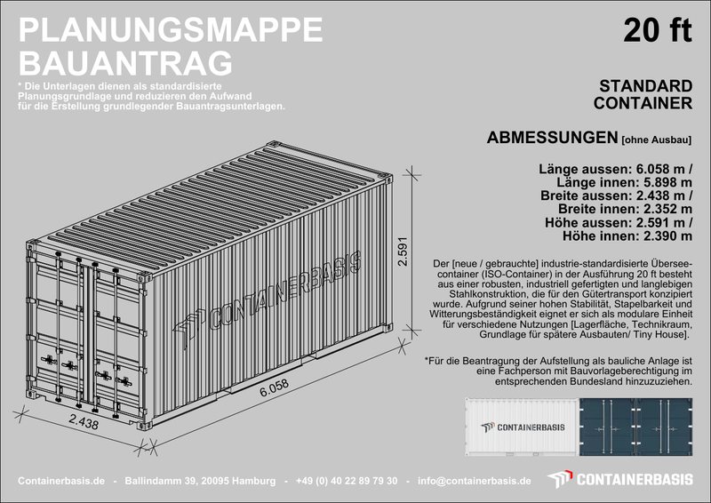 Deckblatt der Planungsmappe Bauantrag für den 20 Fuß Standard Container