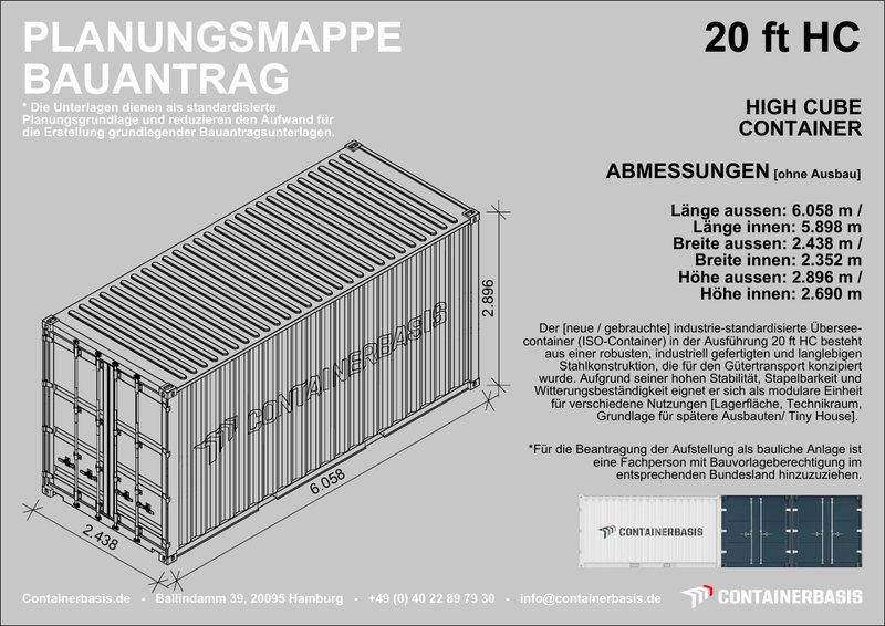 Deckblatt der Planungsmappe Bauantrag für den 20 Fuß High Cube Container