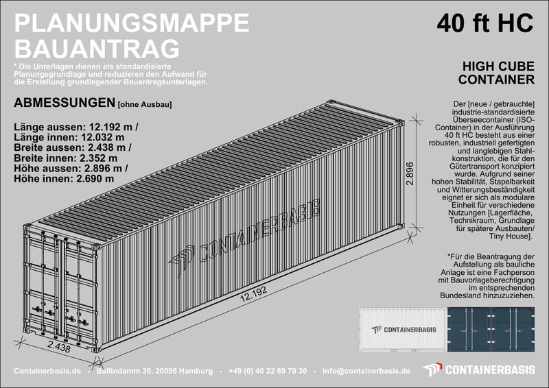 Deckblatt der Planungsmappe Bauantrag für den 40 Fuß High Cube Container