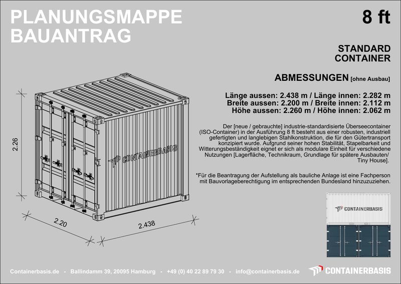 Deckblatt der Planungsmappe Bauantrag für den 8 Fuß Standard Container