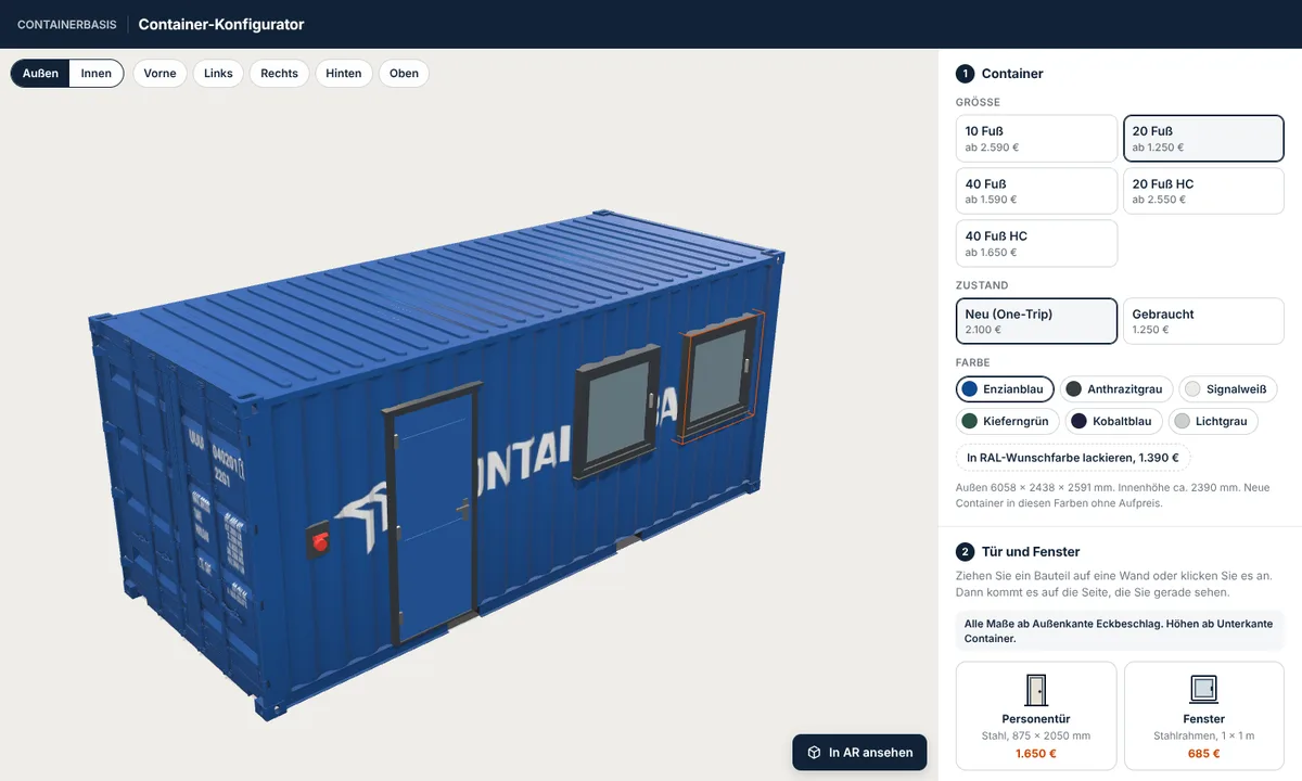 Container-Konfigurator von Containerbasis mit 20-Fuß-Container, Personentür und zwei Fenstern