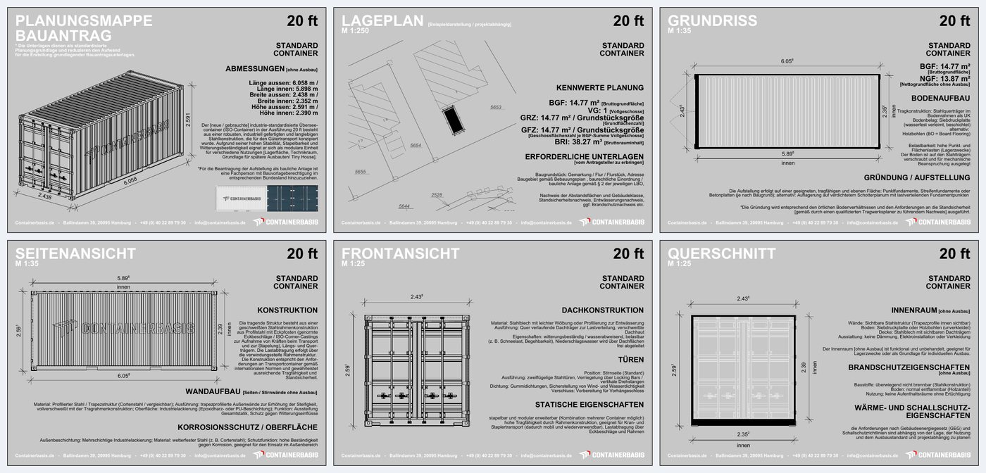 Die sechs Blätter der Planungsmappe Bauantrag am Beispiel des 20-Fuß-Containers