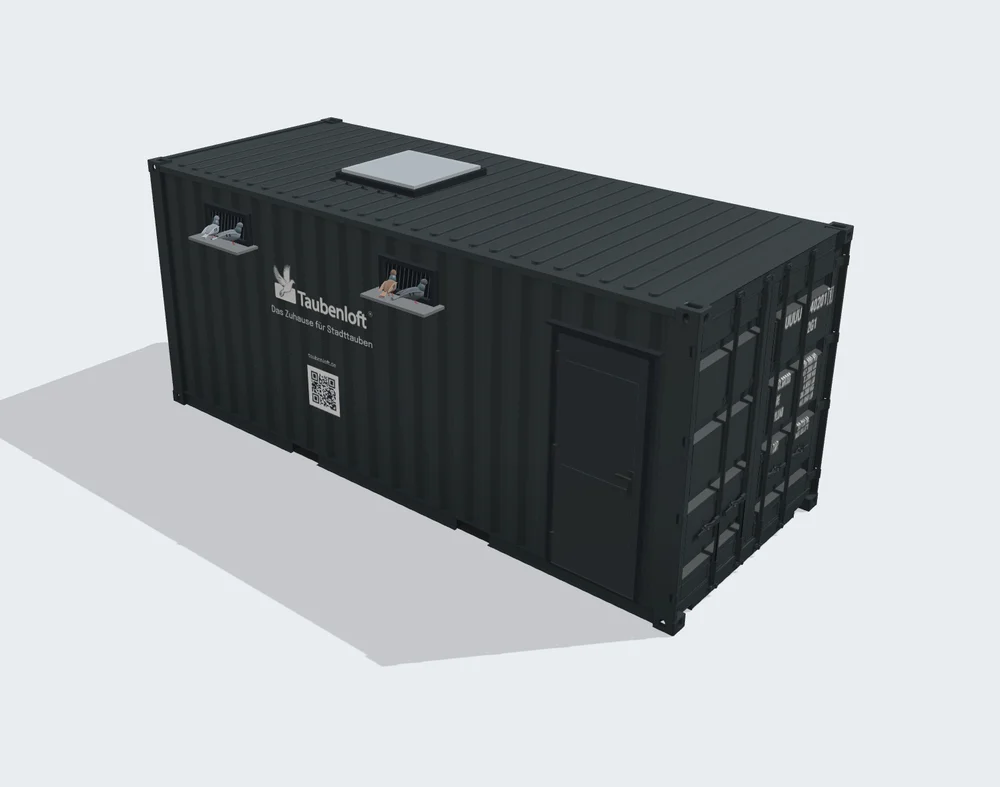 Taubenloft im 20-Fuß-Container mit Einflügen, Oberlicht und Personentür, im Taubenloft-Konfigurator geplant