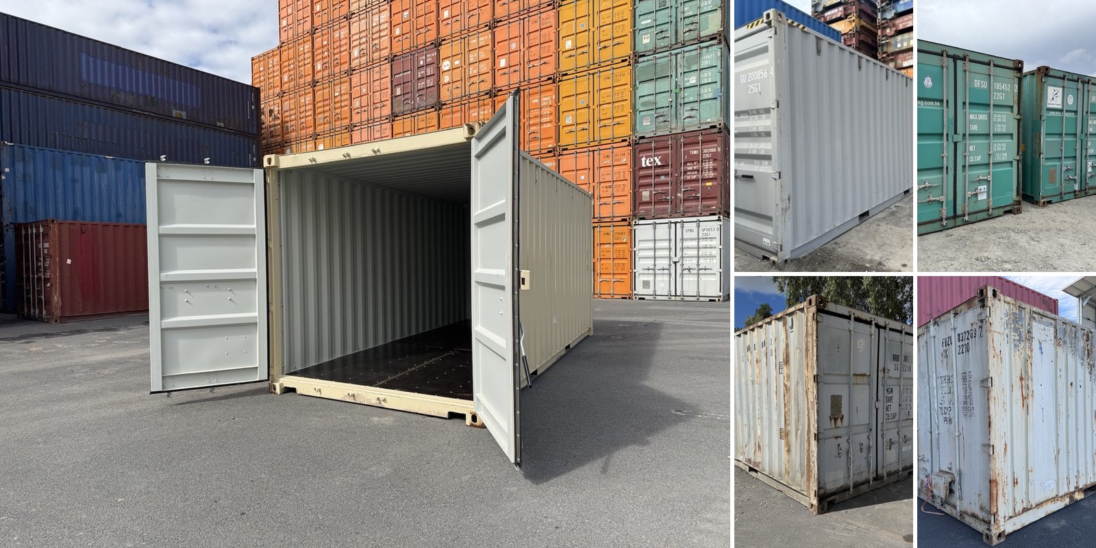 Fünf Seecontainer in den Zustandsklassen 5 bis 1, von neuwertig bis stark verrostet